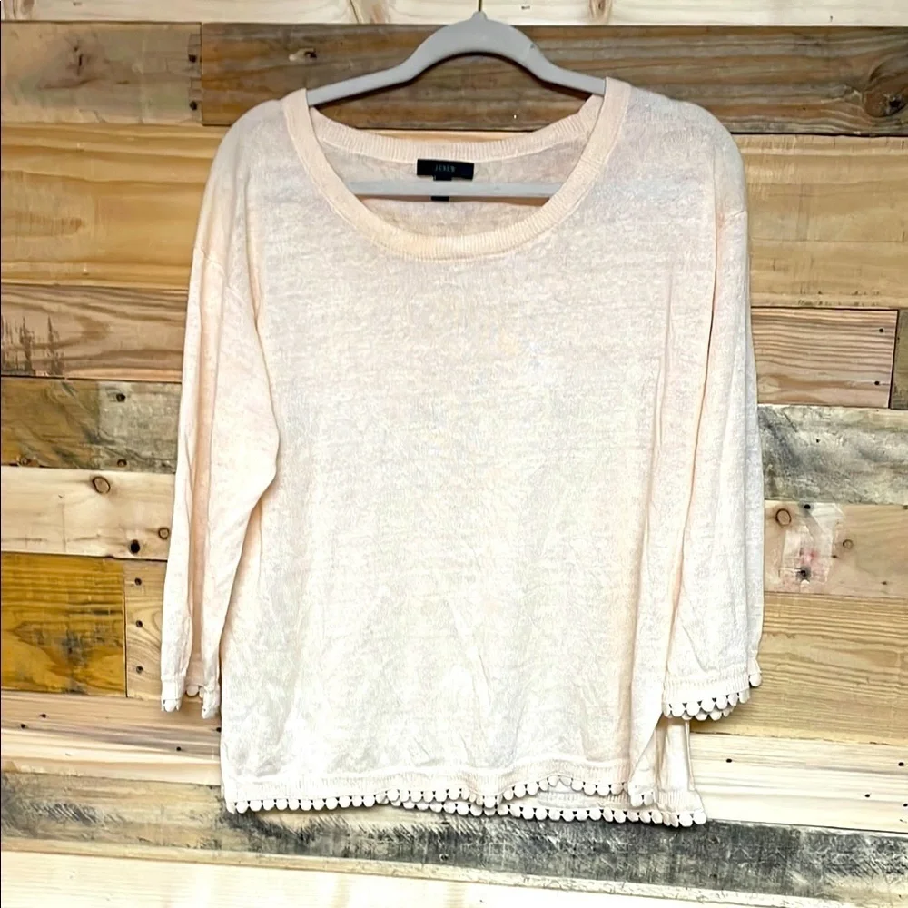 J.Crew Size Medium Cream Color Lightweight with Pom-Pom Hem Crewneck Sweater